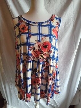 Sweet Lovely Sleeveless Floral Plaid Tunic Top - Cream & Blue‎ L